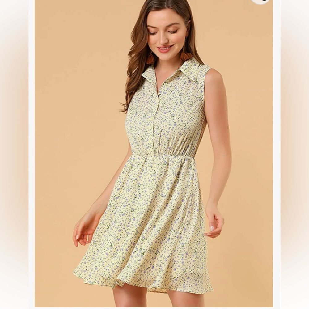Allegra K Women's Printed Half Placket Above Knee Sleeveless Floral Dress
